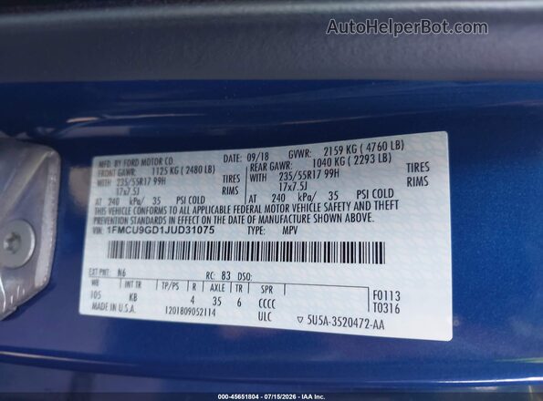 1FMCU9GD1JUD31075 2018 FORD ESCAPE Blue Շարժիչի բաժամունքի տեսք