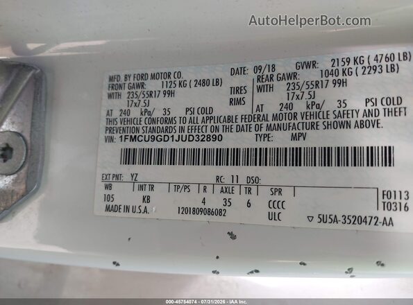 1FMCU9GD1JUD32890 2018 FORD ESCAPE White Vista del compartimento del motor
