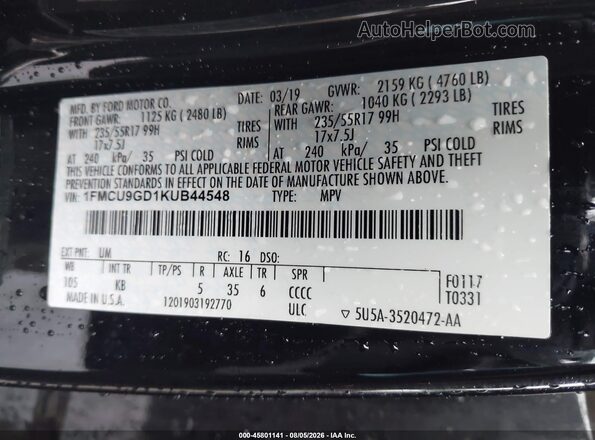 1FMCU9GD1KUB44548 2019 FORD ESCAPE Черный Вид подкапотного пространства