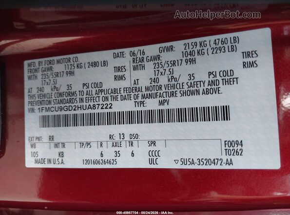 1FMCU9GD2HUA87222 2017 FORD ESCAPE Red Vista del compartimento del motor