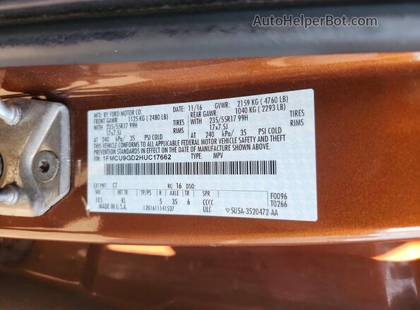 1FMCU9GD2HUC17662 2017 FORD ESCAPE Brown VIN sticker view