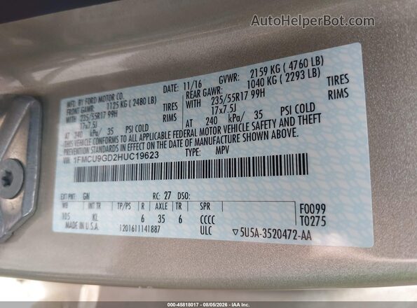 1FMCU9GD2HUC19623 2017 FORD ESCAPE Gold Engine compartment view