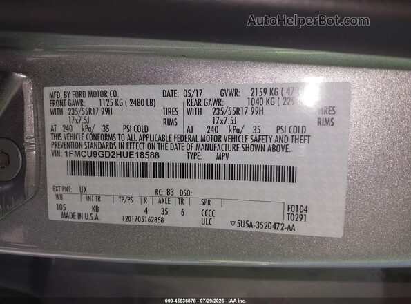 1FMCU9GD2HUE18588 2017 FORD ESCAPE Silver Вид підкапотного простору