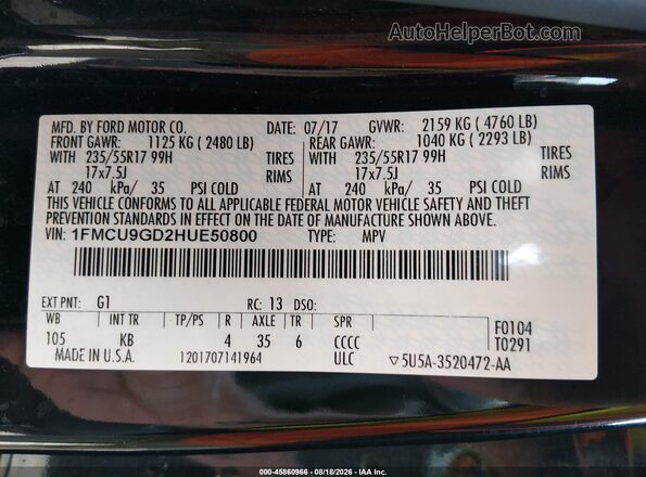 1FMCU9GD2HUE50800 2017 FORD ESCAPE Black Vista del compartimento del motor