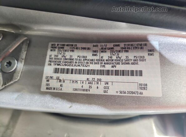 1FMCU9GD2JUA75321 2018 FORD ESCAPE Silver Vista de la etiqueta del VIN