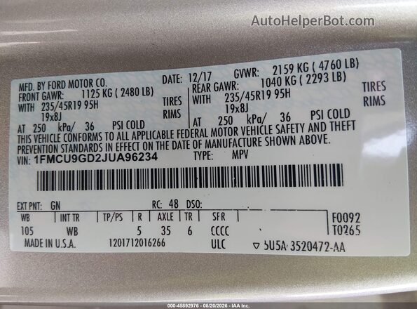 1FMCU9GD2JUA96234 2018 FORD ESCAPE Gold Vista del compartimento del motor