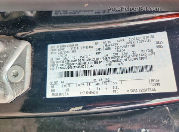 1FMCU9GD2JUC38341 2018 FORD ESCAPE Black VIN კოდის სტიკერის ხედი