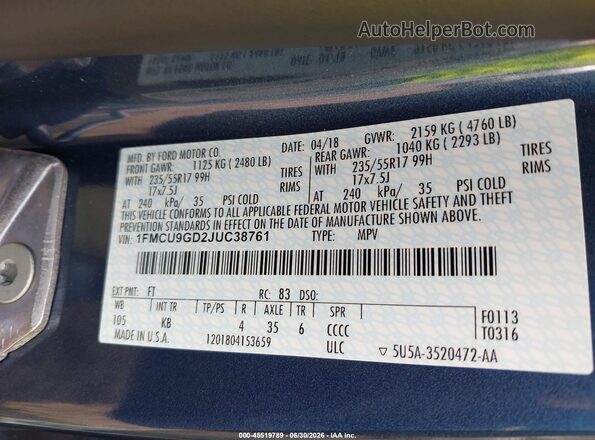 1FMCU9GD2JUC38761 2018 FORD ESCAPE Blue ძრავის განყოფილების ხედი
