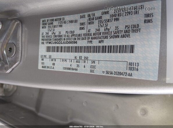 1FMCU9GD2JUD08596 2018 FORD ESCAPE Silver Widok komory silnika