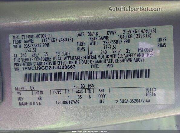 1FMCU9GD2JUD08663 2018 FORD ESCAPE Silver Вид підкапотного простору