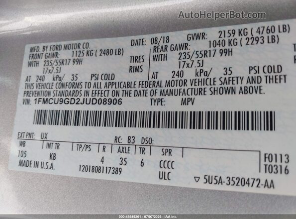 1FMCU9GD2JUD08906 2018 FORD ESCAPE Gray Вид підкапотного простору