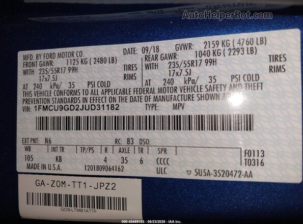 1FMCU9GD2JUD31182 2018 FORD ESCAPE Blue Вид підкапотного простору