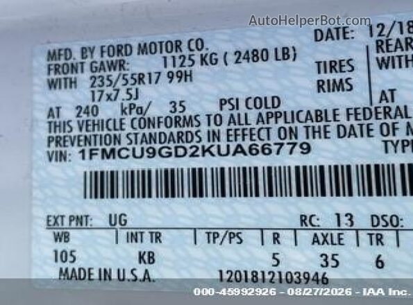 1FMCU9GD2KUA66779 2019 FORD ESCAPE White Շարժիչի բաժամունքի տեսք