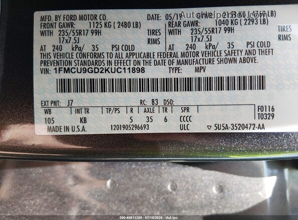 1FMCU9GD2KUC11898 2019 FORD ESCAPE Gray Widok komory silnika