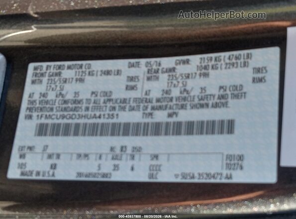1FMCU9GD3HUA41351 2017 FORD ESCAPE Gray VIN sticker view