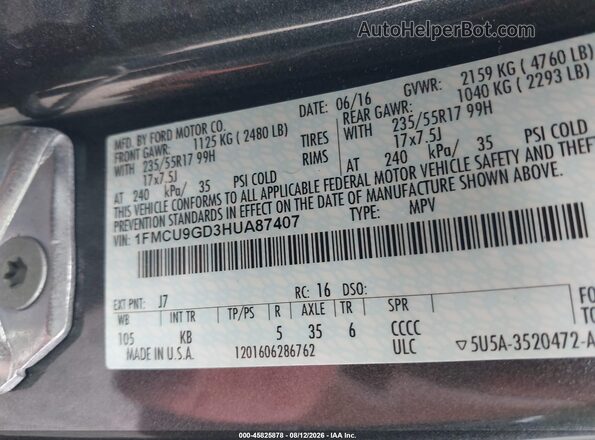 1FMCU9GD3HUA87407 2017 FORD ESCAPE Серый Вид подкапотного пространства