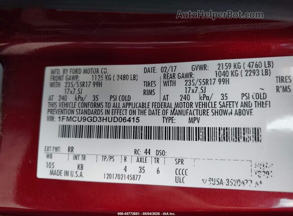 1FMCU9GD3HUD06415 2017 FORD ESCAPE Красный Вид подкапотного пространства