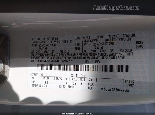 1FMCU9GD3JUC28711 2018 FORD ESCAPE White Widok komory silnika