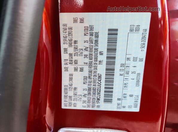 1FMCU9GD3JUC43967 2018 FORD ESCAPE Red VIN sticker view