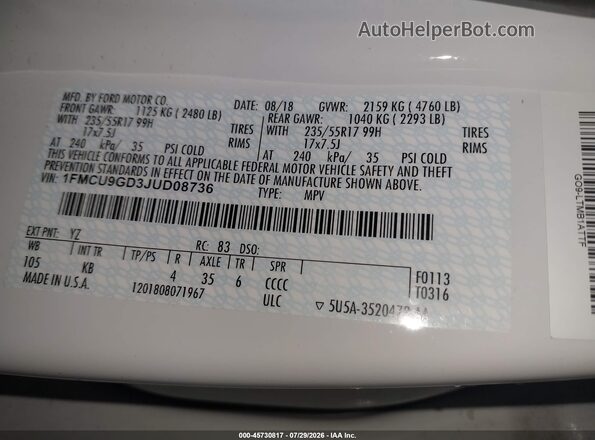 1FMCU9GD3JUD08736 2018 FORD ESCAPE White Շարժիչի բաժամունքի տեսք