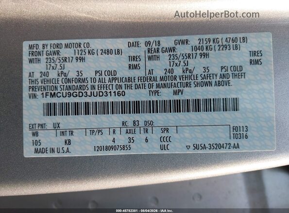 1FMCU9GD3JUD31160 2018 FORD ESCAPE Silver Vista del compartimento del motor