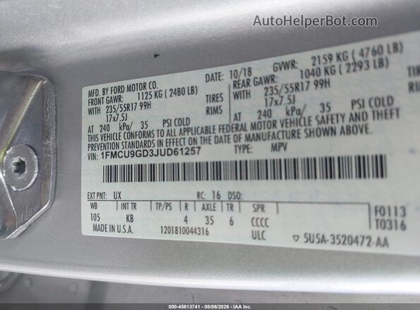 1FMCU9GD3JUD61257 2018 FORD ESCAPE Silver Widok komory silnika