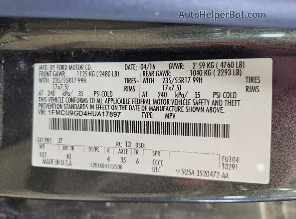 1FMCU9GD4HUA17897 2017 FORD ESCAPE Gray VIN კოდის სტიკერის ხედი