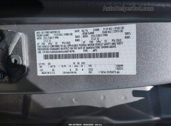 1FMCU9GD4HUA87478 2017 FORD ESCAPE Silver Вид підкапотного простору