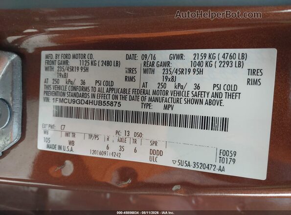 1FMCU9GD4HUB55875 2017 FORD ESCAPE Orange Вид підкапотного простору