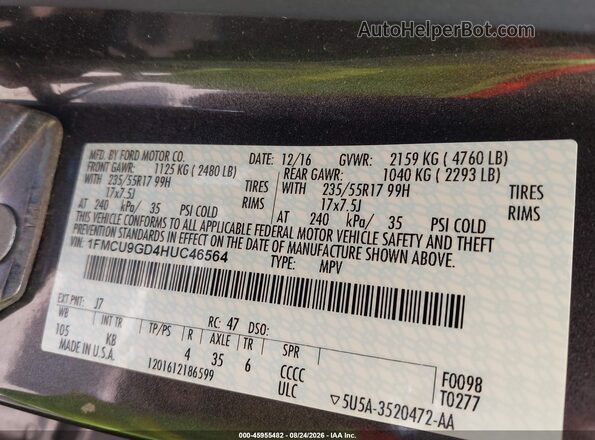 1FMCU9GD4HUC46564 2017 FORD ESCAPE Gray Widok komory silnika