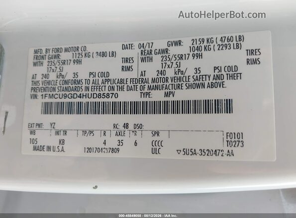 1FMCU9GD4HUD85870 2017 FORD ESCAPE Белый Вид подкапотного пространства