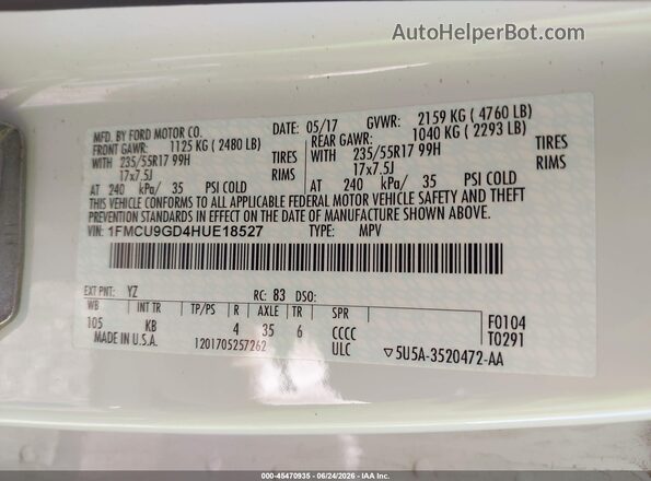 1FMCU9GD4HUE18527 2017 FORD ESCAPE White Widok komory silnika