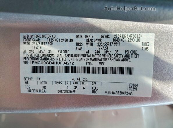 1FMCU9GD4HUF04212 2017 FORD ESCAPE Silver Панорамний вид салону 360°