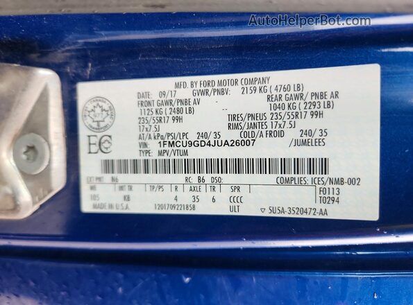 1FMCU9GD4JUA26007 2018 FORD ESCAPE Blue VIN კოდის სტიკერის ხედი