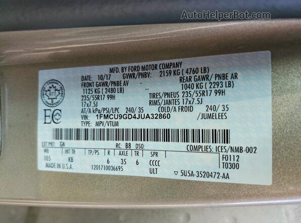 1FMCU9GD4JUA32860 2018 FORD ESCAPE Кремовый Вид наклейки с VIN-кодом