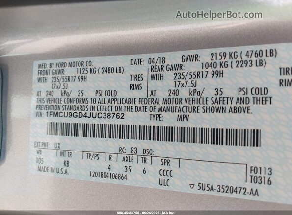 1FMCU9GD4JUC38762 2018 FORD ESCAPE Gray ძრავის განყოფილების ხედი