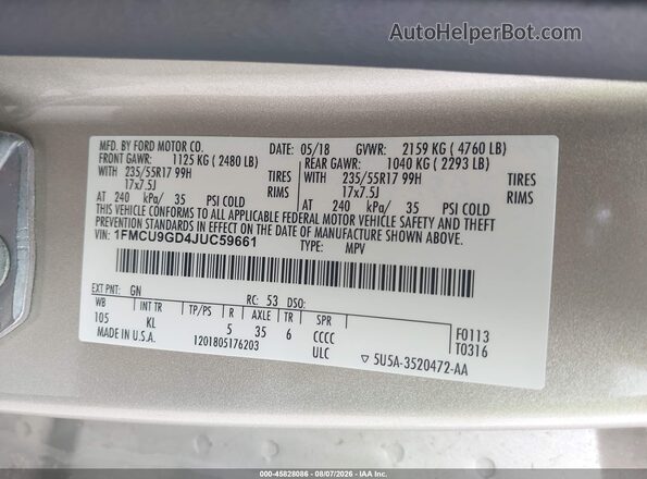 1FMCU9GD4JUC59661 2018 FORD ESCAPE Beige Շարժիչի բաժամունքի տեսք