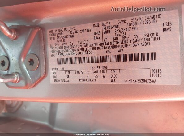 1FMCU9GD4JUD08597 2018 FORD ESCAPE Silver Vista del compartimento del motor