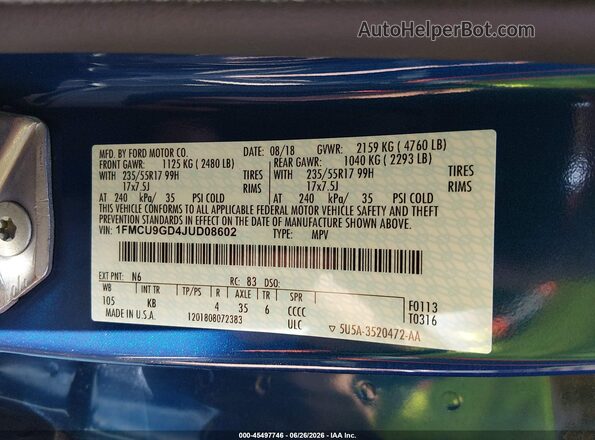 1FMCU9GD4JUD08602 2018 FORD ESCAPE Blue ძრავის განყოფილების ხედი