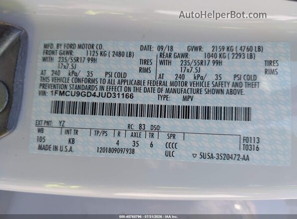 1FMCU9GD4JUD31166 2018 FORD ESCAPE White Vista del compartimento del motor