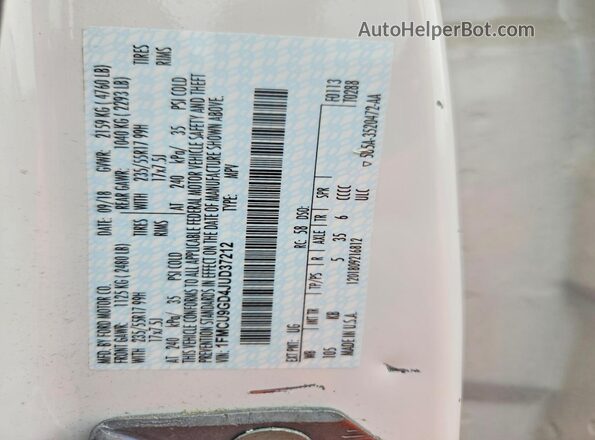 1FMCU9GD4JUD37212 2018 FORD ESCAPE Белый Панорамный вид салона 360°