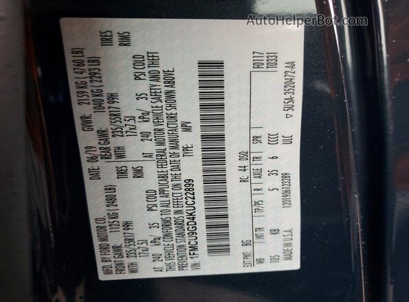 1FMCU9GD4KUC22899 2019 FORD ESCAPE Blue Панорамний вид салону 360°