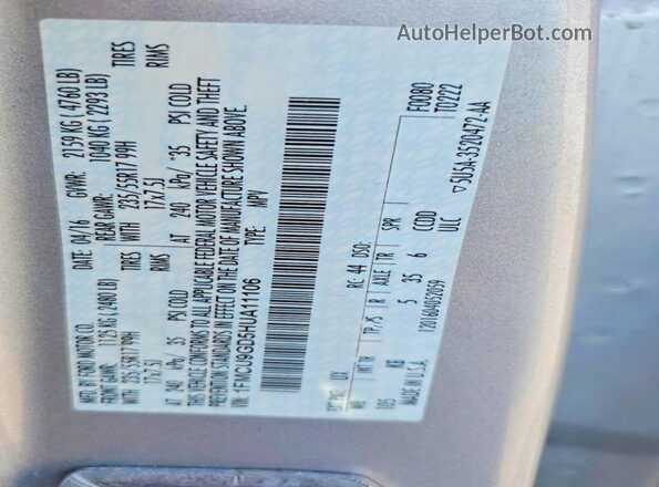 1FMCU9GD5HUA11106 2017 FORD ESCAPE Silver Widok naklejki z numerem VIN