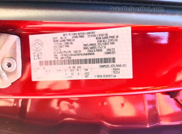 1FMCU9GD5HUA85805 2017 FORD ESCAPE Red VIN կոդի պիտակի տեսք