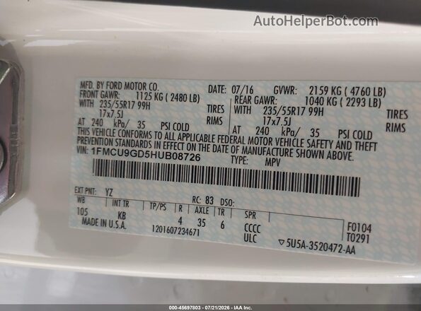 1FMCU9GD5HUB08726 2017 FORD ESCAPE White Vista del compartimento del motor