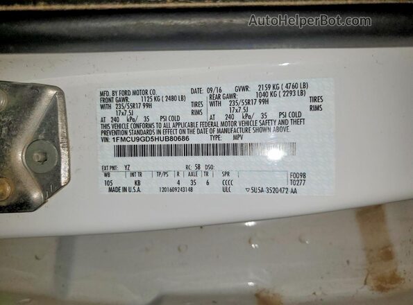 1FMCU9GD5HUB80686 2017 FORD ESCAPE White VIN კოდის სტიკერის ხედი