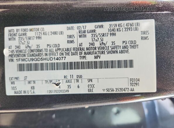 1FMCU9GD5HUD14077 2017 FORD ESCAPE Gray Շարժիչի բաժամունքի տեսք