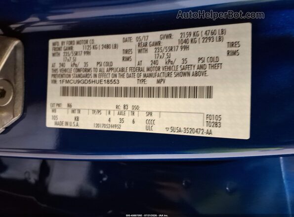 1FMCU9GD5HUE18553 2017 FORD ESCAPE Blue Շարժիչի բաժամունքի տեսք