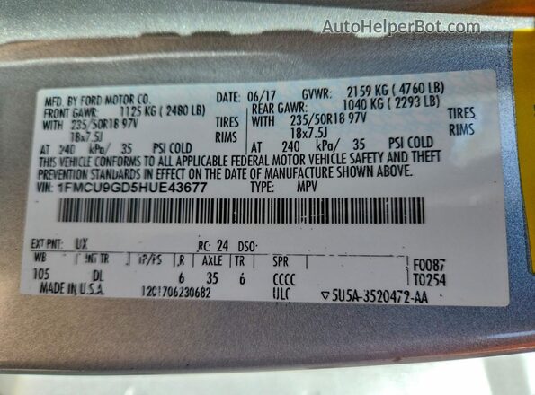 1FMCU9GD5HUE43677 2017 FORD ESCAPE White Widok wnętrza 360 stopni