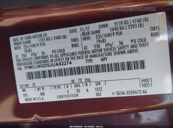 1FMCU9GD5JUA92274 2018 FORD ESCAPE Orange Вид підкапотного простору